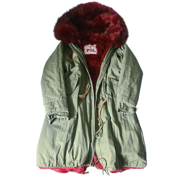 Crude X PSL Jackets & Blazers - Crude x PSL Green Parka Jacket Red Rabbit Fur Size Small